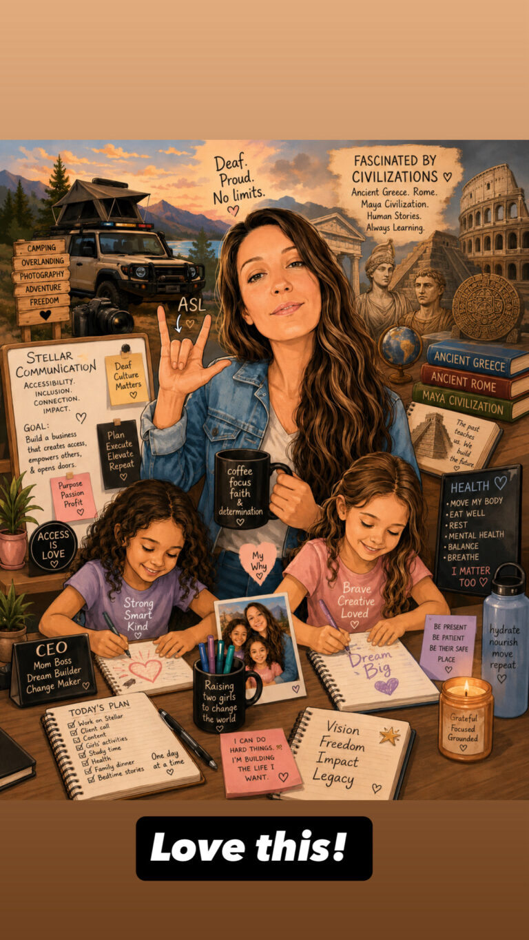 Illustrated portrait of Carla Baker, a Deaf business owner and mother, signing "I Love You" in ASL while surrounded by symbols of accessibility, interpreting, photography, overlanding, higher learning, and ancient civilizations. Her two daughters are drawing beside her, representing family, leadership, education, and legacy.