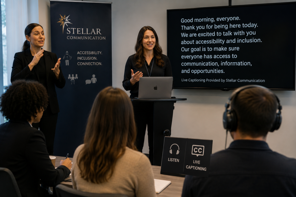 Professional accessibility services featuring sign language interpreting and live captioning at a business meeting, ensuring equitable communication access for Deaf and Hard of Hearing participants.